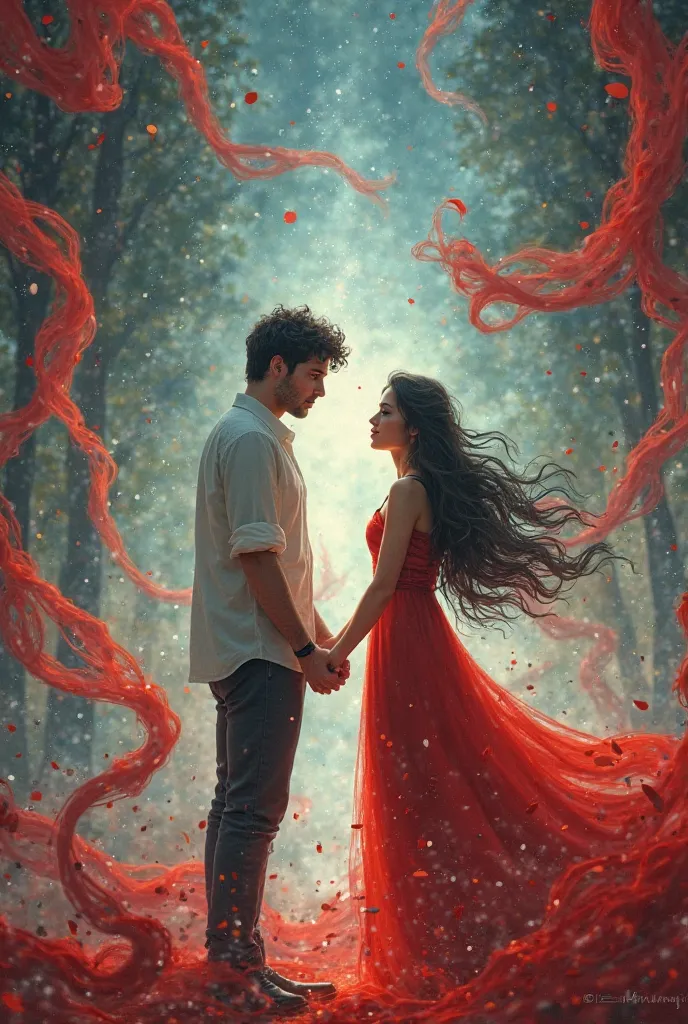 Symphony of two souls: man with black long hair and woman with black hair who meet dancers under a beautiful Bethoven melody, Under the beautiful ribbon of the red thread of destiny.

