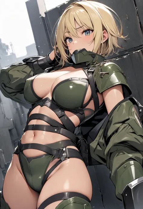 short blonde hair, military-style outfit, dark olive green armored jacket, revealing midriff,  dark gray/black accents on the jacket, revealing parts of the torso,  dark toned undergarment/underwear.  Slightly angled perspective,