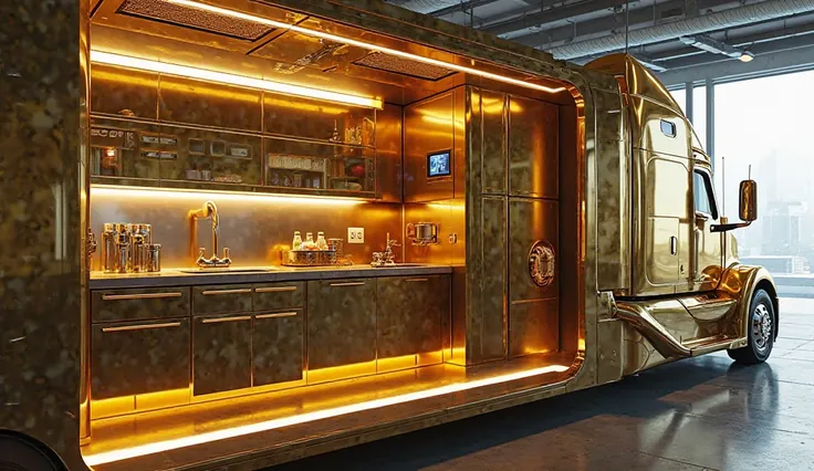 Realistic of futuristic 2025 kenworth T2000 With glossy metallic gold interior kitchen, sink and bedroom shining view