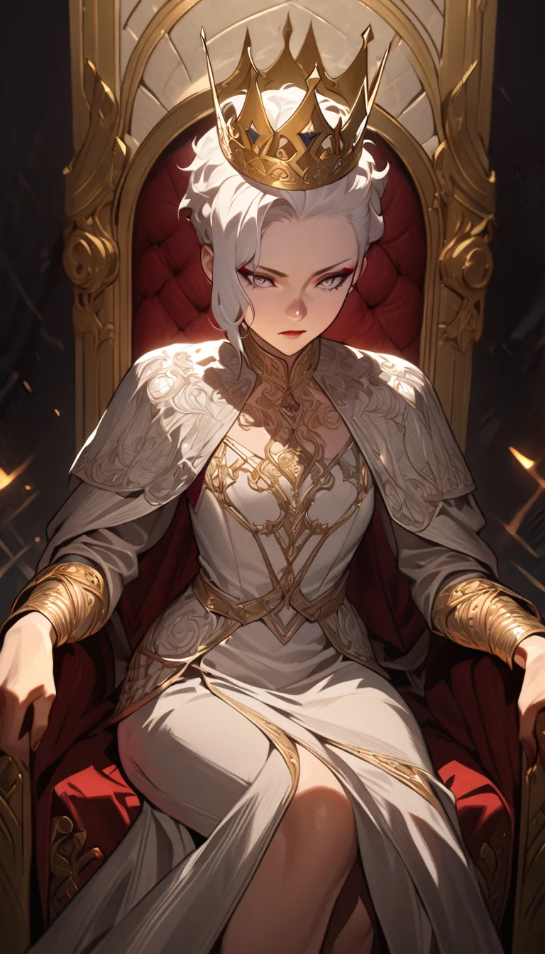 a tomboy Queen, white undercut hairstyle, gold crown, sitting on throne, silver dress, red eyeshadow, grey eyes, intricate details, highly detailed, chiaroscuro lighting, dramatic lighting, cinematic, epic, fantasy, elegant, regal, powerful, confident, com...