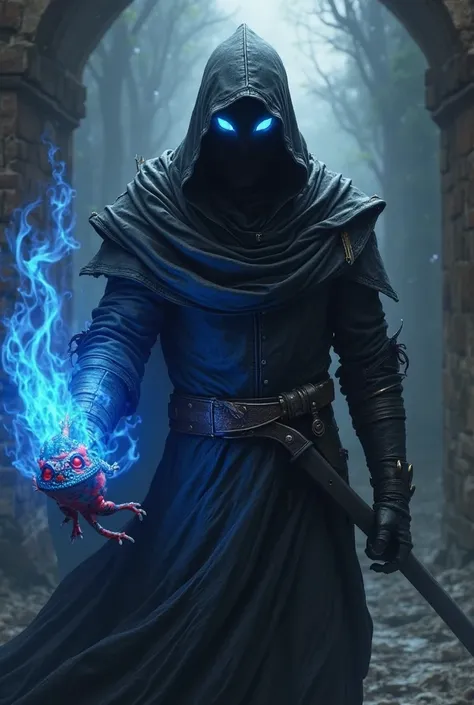 A knight shadow assasin wearing black and hooded. Only see blue glowing eyes. With blue flame coming out of his left dragon arm. Has pet poisonous frog 