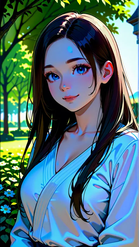 Waiting for the theme of a talented woman:1.3, long hair:1.3,  blue eyes, ((Half white European:1.3)),  tall nose :1.2, Quality skin, smile, Outdoor garden, Warm sunlight, blooming tree 々, Precise Details, 8k, realistic, professional, HDR,  highly saturate...