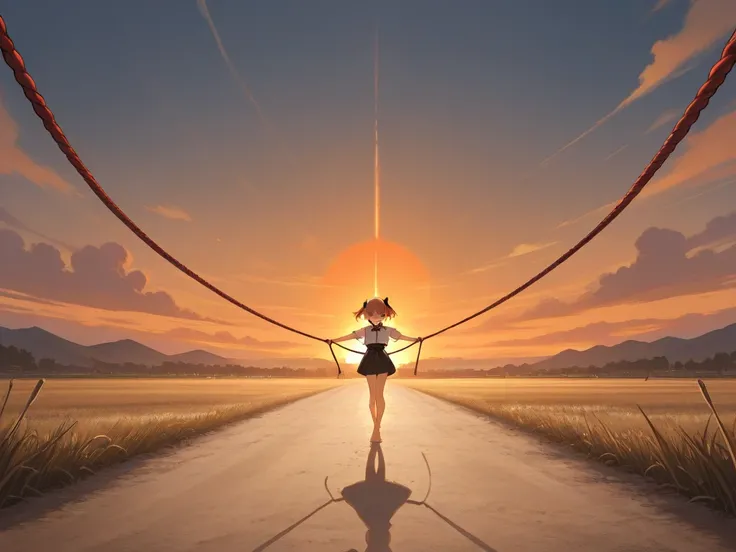 A colossal pair of young anime girl’s bare feet walking in a large dusk field, surrounded by tiny soldiers holding ropes tying her feet together midstep. Showing a side profile of her feet in the scene 