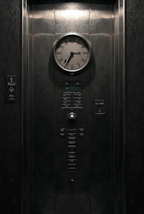 a close up of a clock on a metal elevator door, a screenshot inspired by Andrei Kolkoutine, deviantart, art deco, black interface, black theme, icon pack, elevator, grey and dark theme, metallic buttons, in the dark elevator, dark themed, iconography backg...