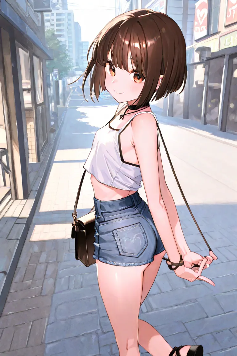 Greatest Masterpiece、City、over the age of 25、brown bob cut、brown thread、smile、 black choker necklace 、is short、 small tits、 Slim waist、small ass、 white small tank top 、 Blue Denim Shorts 、 black shoulder bag 、Black Sandals、Pulling hands、walk、