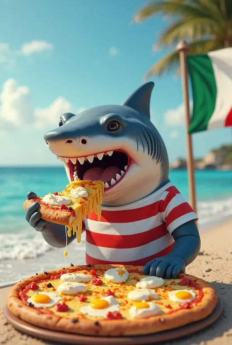 A shark with a white and red t-shirt eating a pizza with eggs and mayonnaise, in the background a beach with an Italian flag