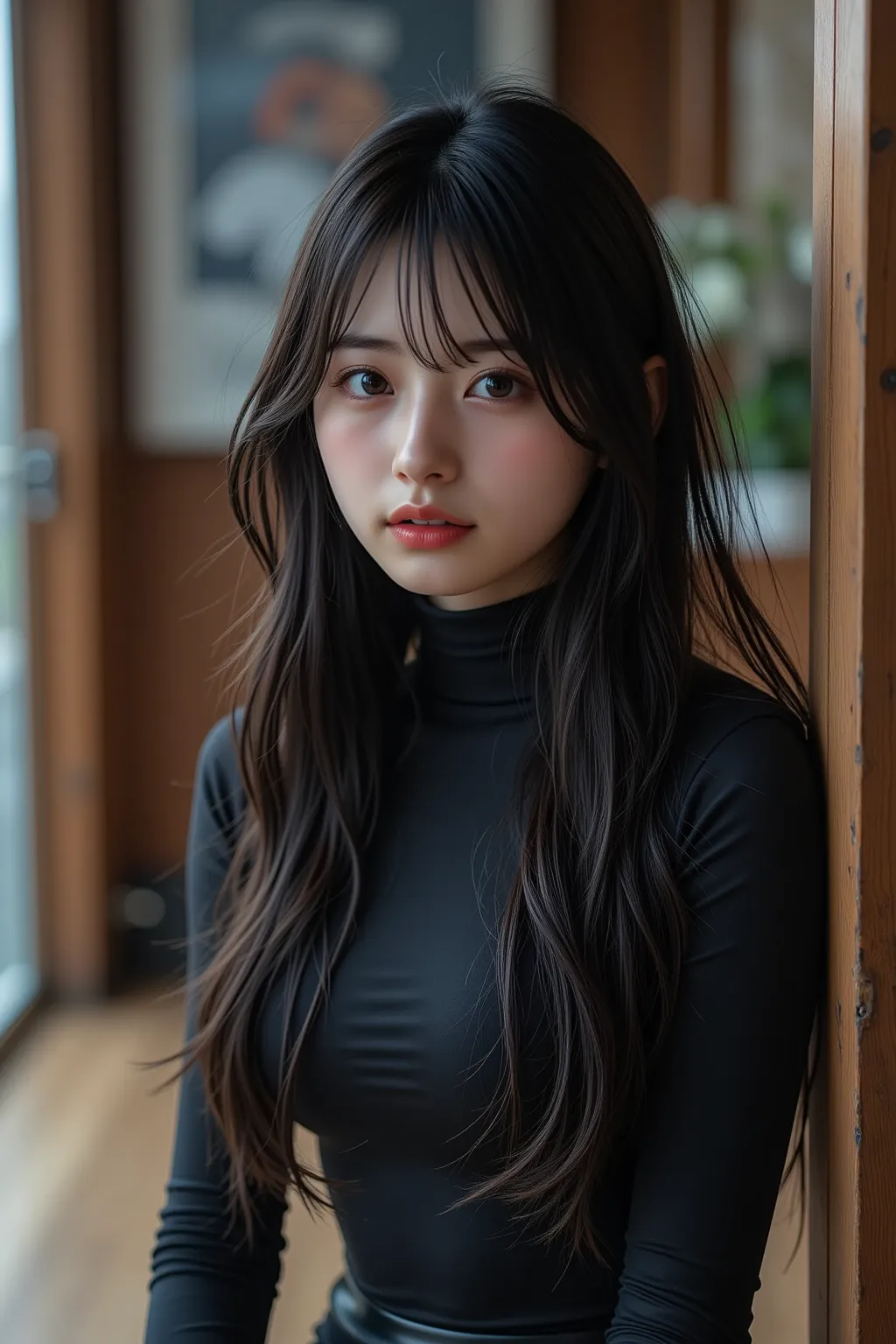  high quality , This photo shows、 showing a Japanese woman with long hair  。,  black straight hair  , beautiful Japanese girl,  tight ,  thin black shiny pantyhose  ,  black latex bodysuit, I'm going to take my butt off while showing the crop type of .   L...