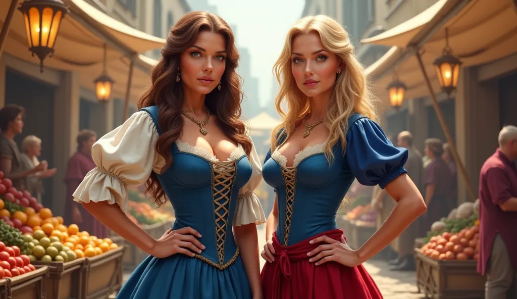 Two women stand confidently in a bustling medieval market scene. The woman on the left has long, wavy brown hair and is wearing a blue corset dress with white puffed sleeves and a lace-up front. She accessorizes with a delicate necklace and earrings. Her e...