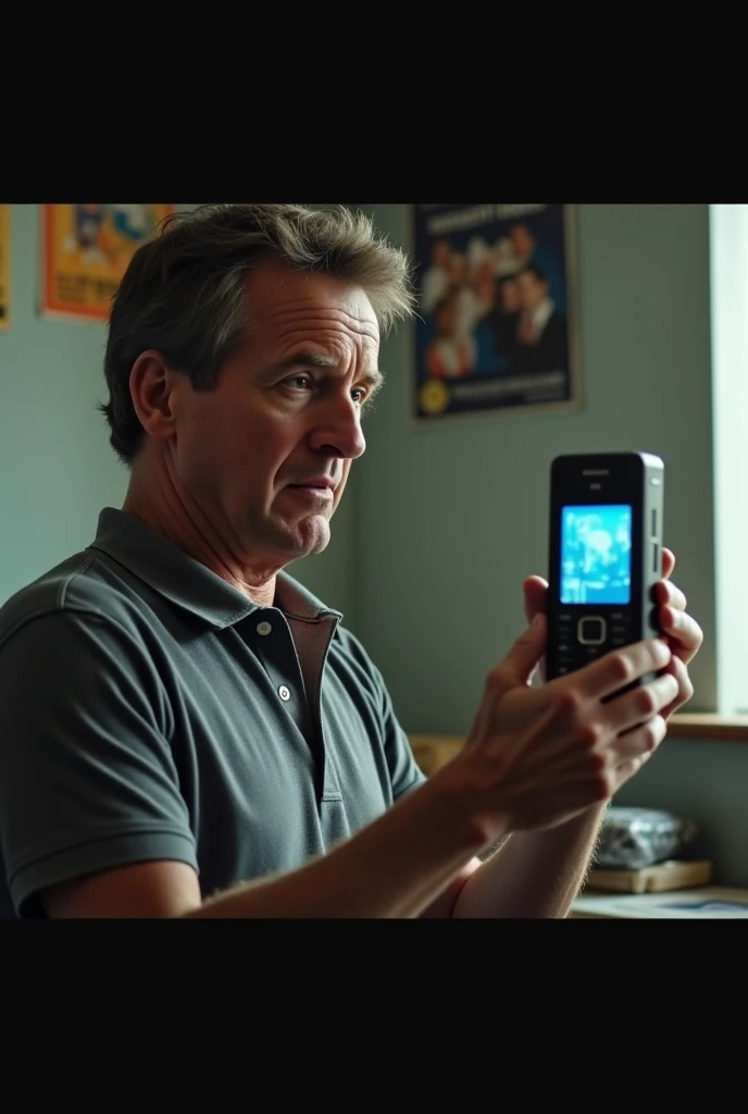 Man holding a brick Nokia cell phone from the 2000s, trying to record a low-quality video with a pixelated screen. The background is a simple room with old posters on the wall.