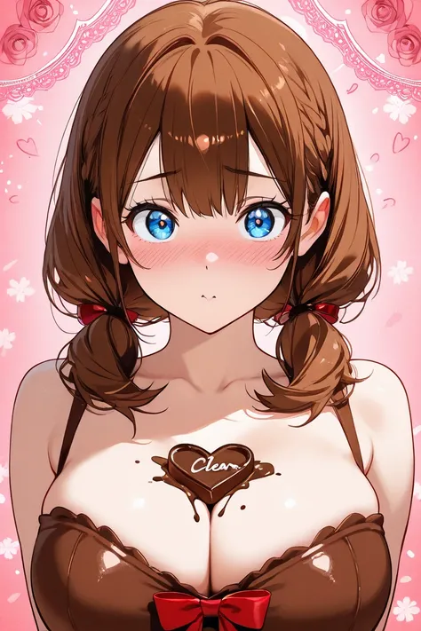 High quality texture, solo,one girl,Older sister, cute, Big and beautiful eyes, clear,big enough chest,random hairstyles, random hair color ,Valentine's Day, chocolate, random expression, Random Location ,Confession