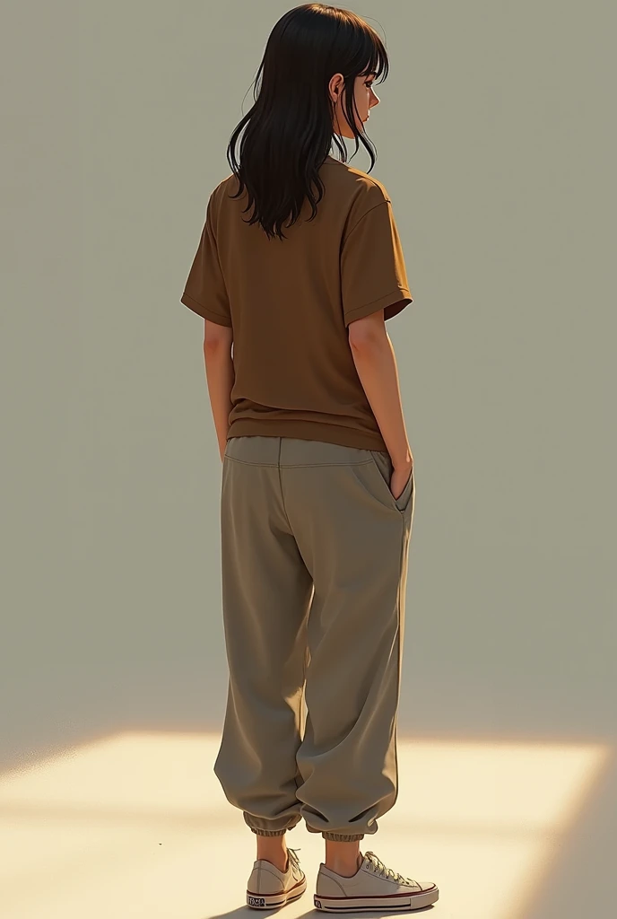 A girl in a series of sweatpants in a brown top is standing with her back