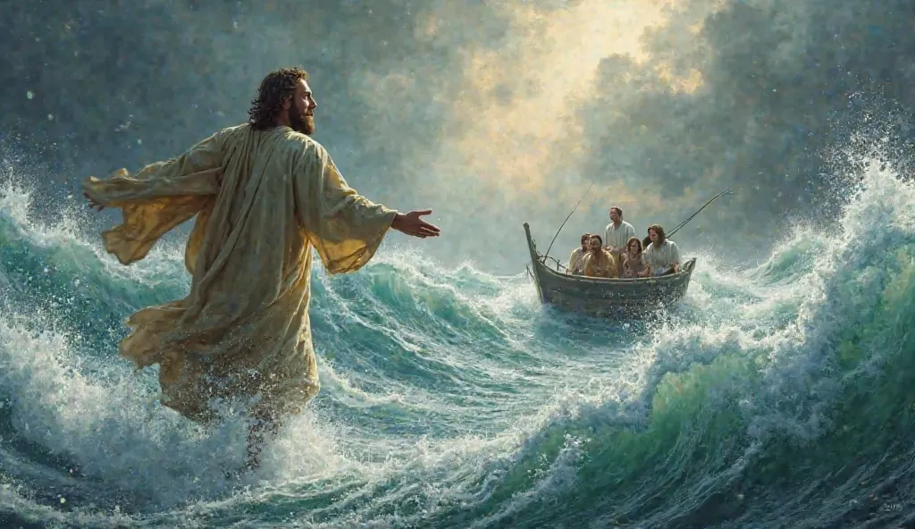 The Apostle Peter walking on the water to Jesus in the midst of a storm