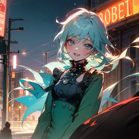 (best quality,cute girl), [Upper body, Happy, Despair], (dress, Punk fashion), Vampire, Gotham City, Street, Night, Light Trails, [American comics]