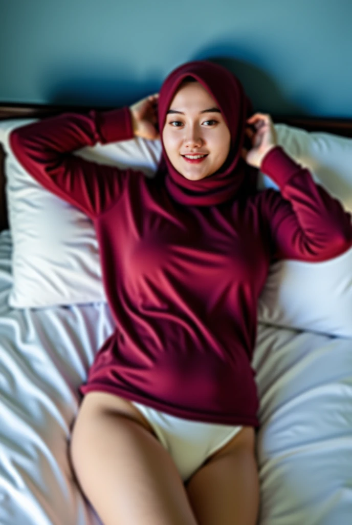 45 Years,  native Indonesian woman in maroon pasmina hijab ,  with white skin ,  wearing a tight maroon shirt,and memakai celana dalam ( Thong ) cream color transapran .  hourglass body shape  (( solid contains )),  big round  , bokong bulat besar and meno...