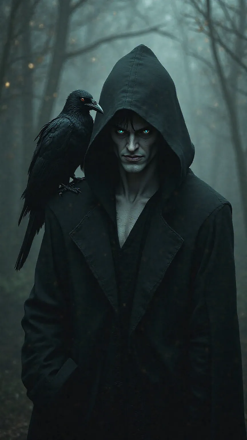 A black crow landed on the man's shoulder.The angry man is wearing a hood. detailed and distinct background. pale dark colors. gloomy atmosphere. High Resolution, Masterpiece, Accurate, Award Winning, UHD, Textured Skin, Super Detailed, Retina, High Qualit...