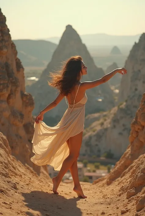 cinematic image, brunette naked girl, dance in Cappadocia