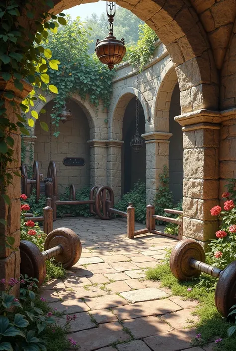 Medieval gym with weights, dumbbells and barbells without people, with flowers