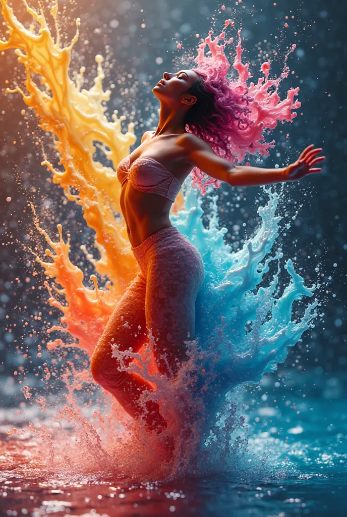 female shape, In a mesmerizing display of artistry, vibrant liquid forms and colliding objects dance gracefully against a backdrop of water splash bokeh. This dynamic abstract photograph encapsulates the fluidity and energy of motion, capturing a moment of...