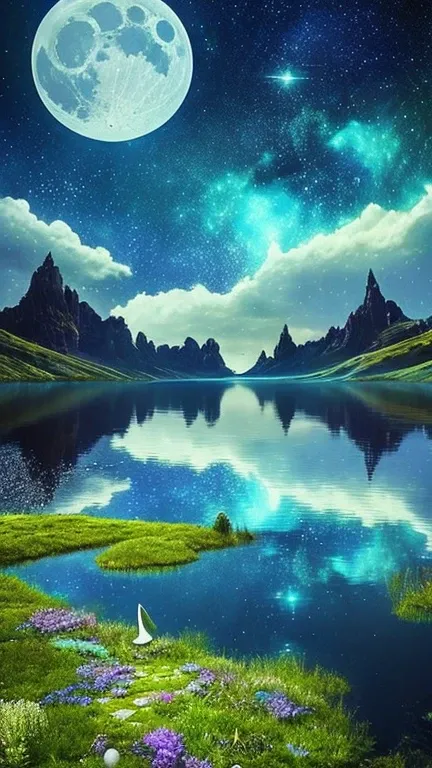 Lake Landscape with Moon and Stars in Sky,  magnificent background ,  Impressive fantasy Landscape , Amazing Alien Landscape, Beautiful Alien Landscape,  fantasy space , On the Astral Plane  ) ) ), Beautiful Space, Amazing Alien Landscape,  Magical scenery...