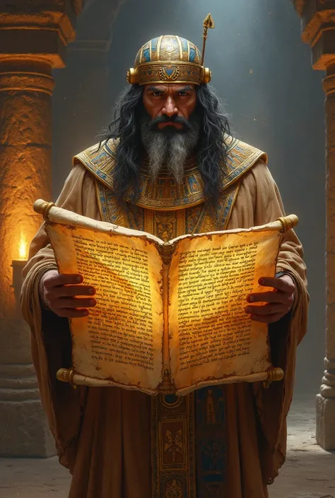 "Highly detailed digital painting, an ancient Egyptian priest holding an open papyrus scroll with golden hieroglyphs. The text glows mysteriously, and ghostly spirits seem to rise from it. The background shows an underground crypt with flickering torches a...