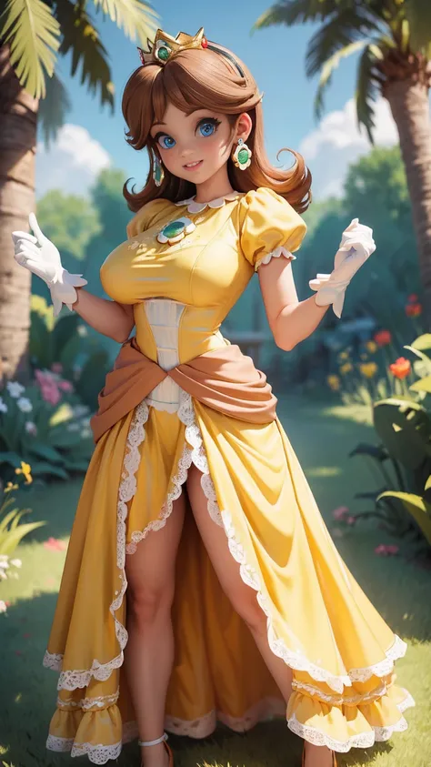 ((masterpiece,best quality,ultra-delicate,Perfect Face,detailed eyes,16k,high resolution,very beautiful girl)), princess daisy, yellow princess long skirt dress, white gloves, brown hair,large breasts,full body shot,smile,energetic,many flower garden