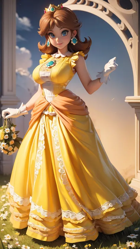 ((masterpiece,best quality,ultra-delicate,Perfect Face,detailed eyes,16k,high resolution,very beautiful girl)), princess daisy, yellow princess long skirt dress, white gloves, brown hair,large breasts,full body shot,smile,energetic,many flower garden