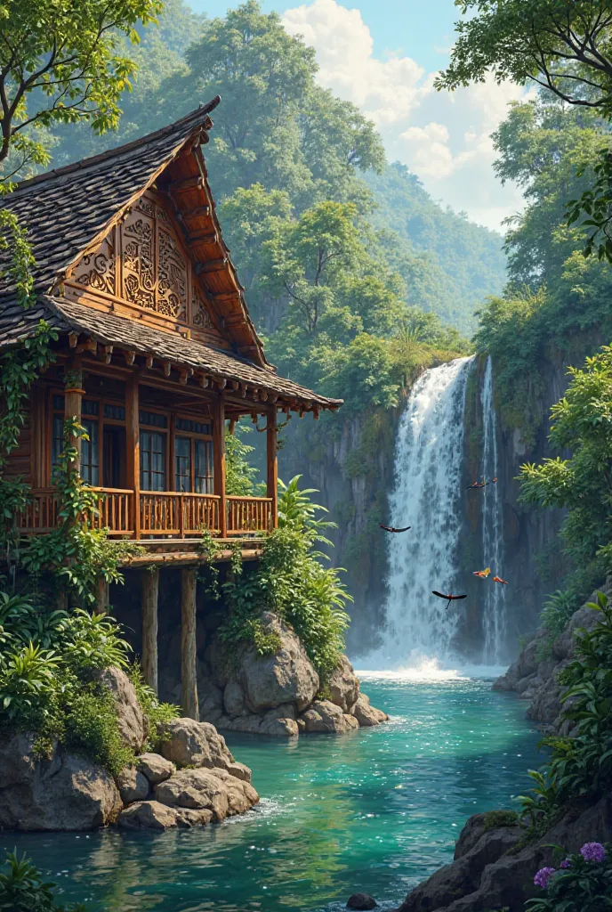 A malay kampung house facing waterfalls, tropical. Forest