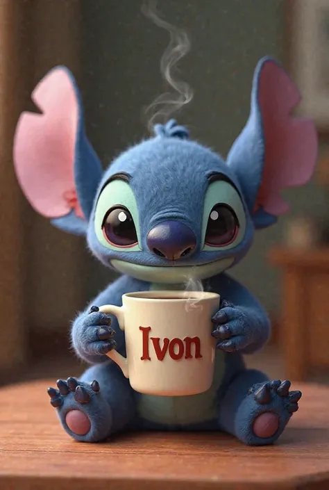 Stitch with coffee cup and name Ivon on the front