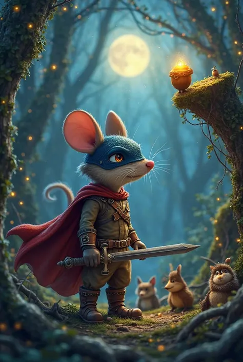 A brave mouse hero, Captain Whiskerwind, stands heroically in a moonlit forest. He wears a midnight-blue mask, a flowing crimson cape, and custom leather boots. He grips a tiny sword as he looks determinedly toward the glowing Golden Acorn, perched high on...