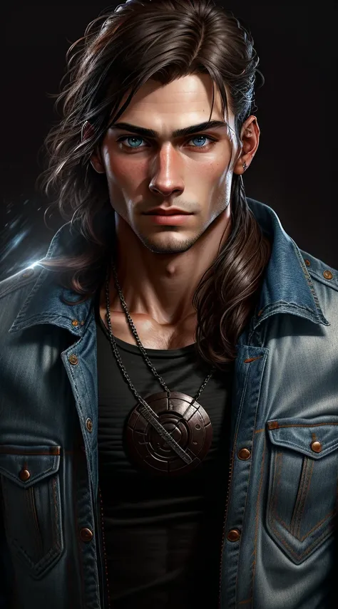 A detailed portrait painting in semi-realism oil painting and digital art style, vibrant colours, reminiscent of Stanley Artgerm Lau.Semi-realism oil painting and digital art style portrait. Handsome and athletic beautiful white man, blue eyes, brown hair,...