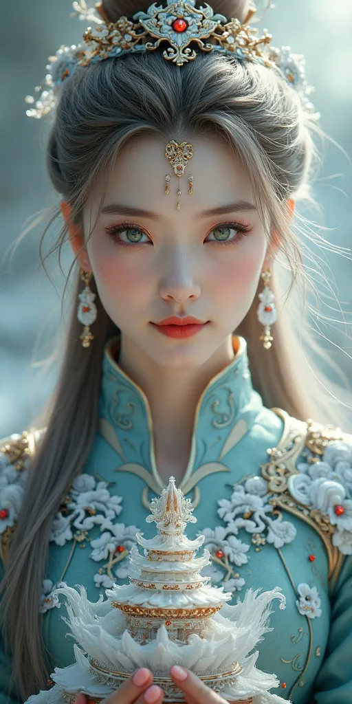 Uhd, half body photograpphy, Most beautiful xianxia female protagonist,light brown dominant and silver strand long hair , green jade eyes,use majestic goddess armor with red  mate fillamen, blue jade pattern clothes,face detailed,lips detailed,thin red lip...