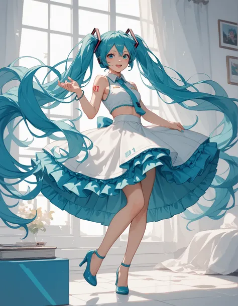 Hatsune Miku, blue ruffled skirt, white strappy top, blue heels with ribbon details,