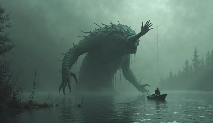 creature from a gigantic lake, it is submerged, and the part that is outside the 'hua is an arm with a human hand, coming out of the creature's forehead, it serves as bait to attract humans, the hand simulates drowning, the scene shows the bottom of the wa...