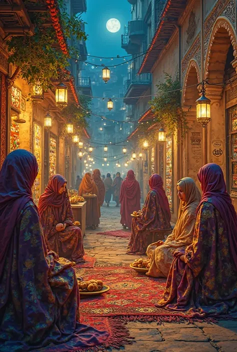 "A vibrant Ramadan night scene in an old Islamic marketplace, inspired by the artistic style of One Thousand and One Nights and traditional Islamic aesthetics. The image captures a group of women and young girls, dressed in elegant, flowing garments adorne...