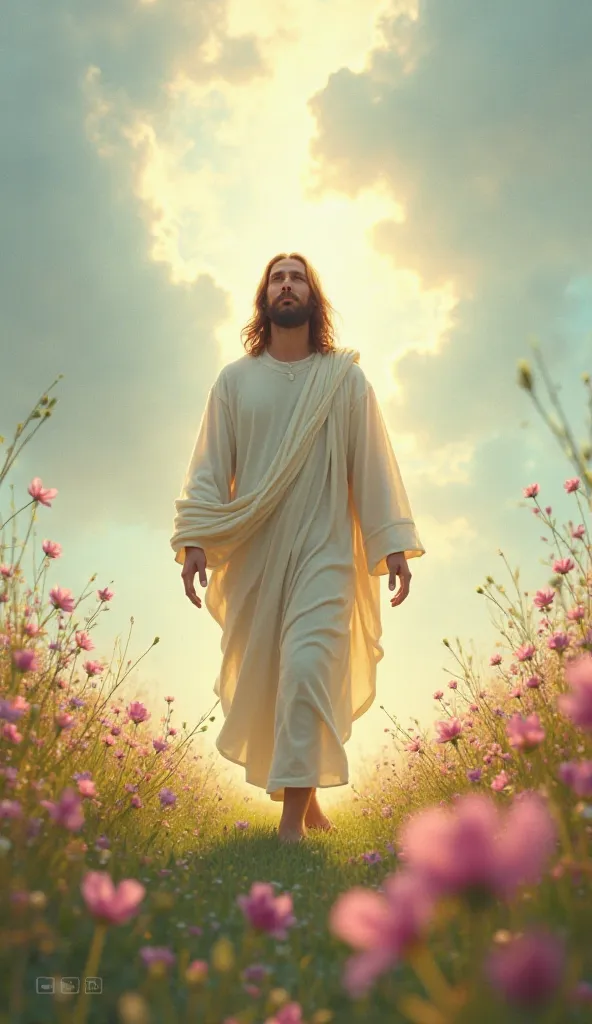 Jesus walking in heaven on a flower meadow