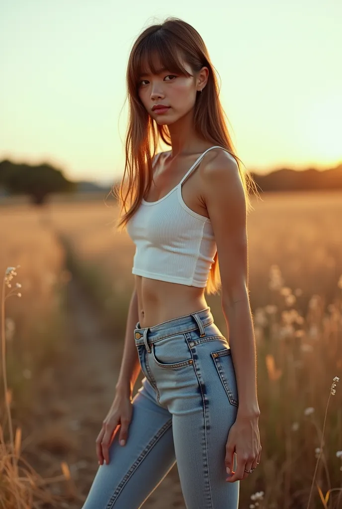 editorial photography,super detailed background,Super realistic,double exposure,depth of field,summer vibes,soft focus tone,narrative scene,very skinny,Straight hair,blunt short bangs,ultra-slim eyes, long legs, ((tight jeans)), (cute sneakers) 