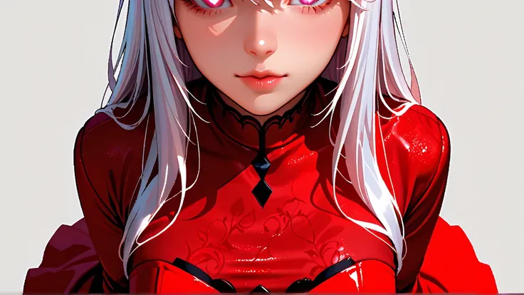 (Highest quality,  masterpiece,  super precise, high resolution), 8k,  Anatomically Accurate Body ,  wearing a nice dress, Nightcore, red dress, White-haired goddess, simple background, from above,  beautiful face, perfect face, 非常に詳細な beautiful faceと目,  a...