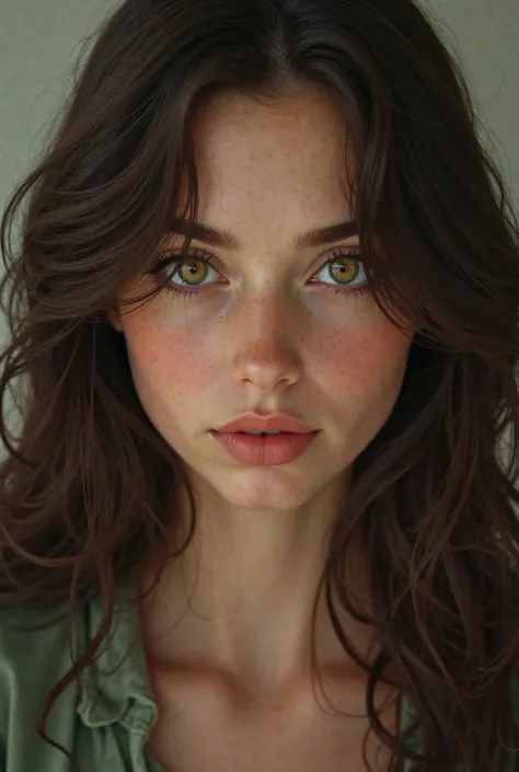 Create girl  dark brown hair brown and green eyes Russian appearance 