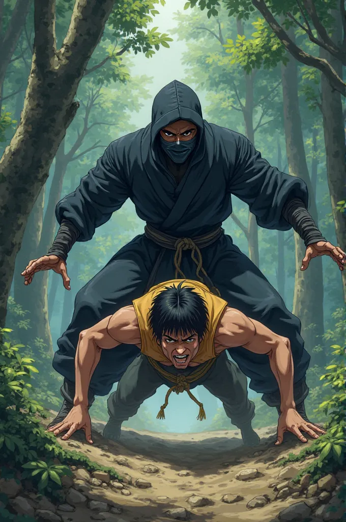 Anime images、The ninja wearing a mask is riding on top of a man who is about to hit 、1  man、 in the woods、 open legs