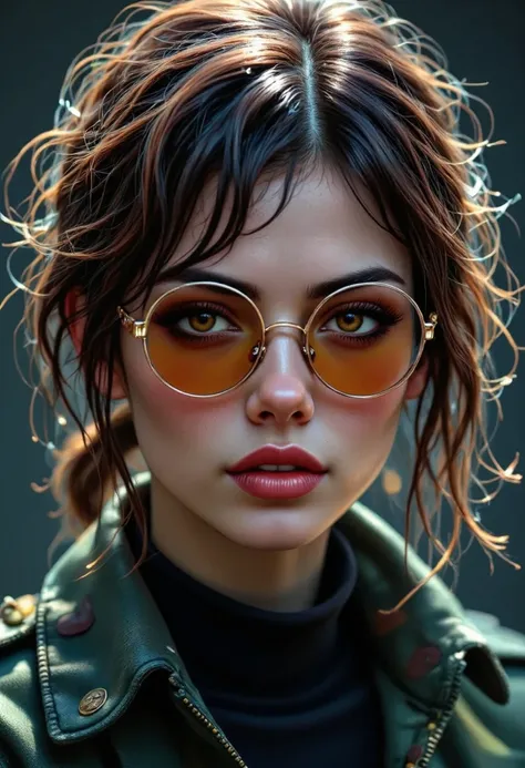 (cyberpunk military scientist:1) (1woman) dark theme :: focus on closeup face, curious face, Katee Sackhoff face, ultra realistic futuristic cyberpunk tall athletic woman, :: medium brown hair, futuristic glasses nerd :: inside cyberpunk office :: brown ey...