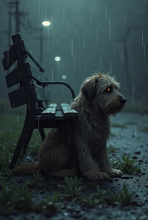 A dark, stormy night with heavy rain. A lonely, shivering dog with matted fur sits under a broken wooden bench, its eyes glistening with sadness.