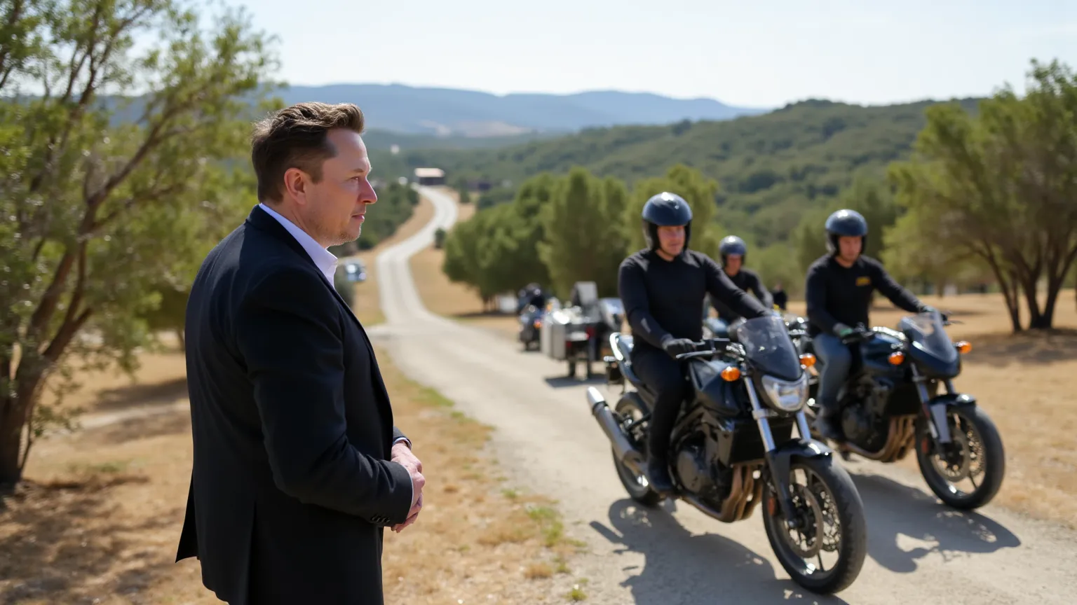 ultra realism. 4K. Better quality. Billionaire Elon Musk,  in a business suit are standing nearby, stands on his ranch on wooden steps on the terrace. clear sunny day. He watches a group of aggressive bikers in black biker clothes approach his ranch at the...