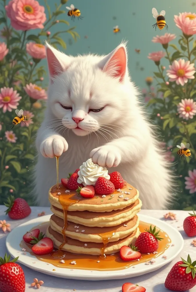 Stage 4: Stacking and Garnishing
🟢 Description: The cat is a fluffy white, and carefully stacking fluffy pancakes on a white ceramic plate, topping them with fresh strawberries and whipped cream.

🟢 Props & Details:

A drizzle of maple syrup glistens as it...