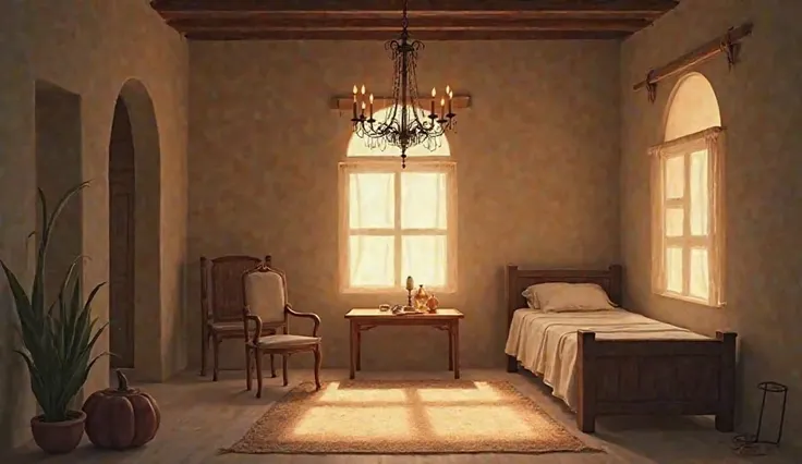 Generate an image of a small bedroom, with just one bed, a small table with chair and a chandelier on the table, In biblical times 