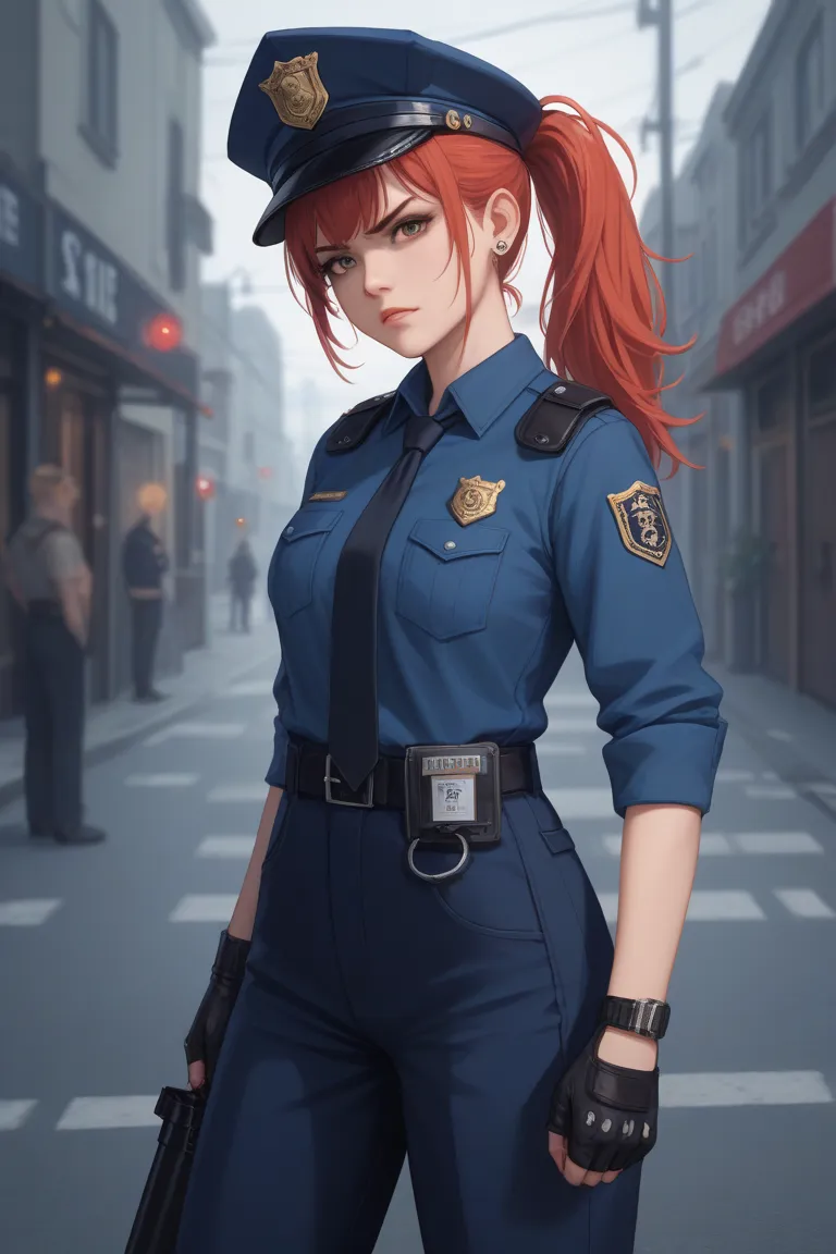 make phto of a brave girl who is punishing a bad policeman