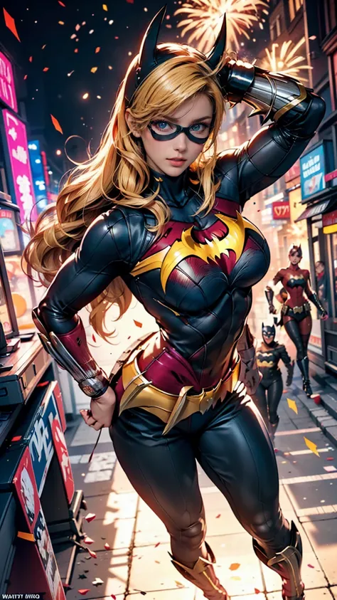 (( Style of Batgirl  ))  renders a full-body portrait of Marvel's Dazzler posing violently against the backdrop of a neon-lit city, Fireworks are exploding overhead. long blonde hair, She is demonstrating her strength, There&#39;s a bright light trail behi...