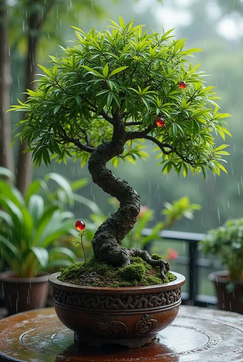 Bonsai shaped banyan tree is very beautiful, growing in a pot carved with a dragon , between the bamboo stalks there are two green and red emerald gemstones of shining oval shape,  is on a table on the terrace that is raining heavily , There is a beautiful...