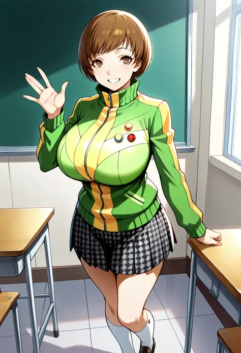 (masterwork, masterpiece, best quality, hyper-detailed :1.2), 
1 girl, solo, cute face,
p4chie, satonaka chie, short hair, brown hair
p4chie-winuni, school uniform, yasogami school uniform, green jacket, zipper, button badges, pleated skirt, houndstooth sk...