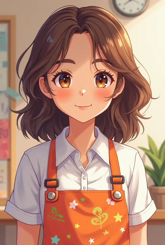 Japanese anime-style preschool teacher with brown hair and mulatto skin color 