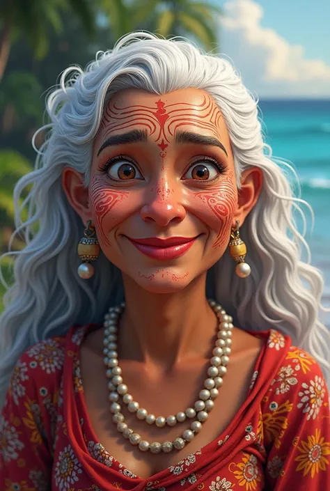 please illustrate Mawi from the Moana movie but with red lips (painted with lipstick, that are slightly exaggerated)

